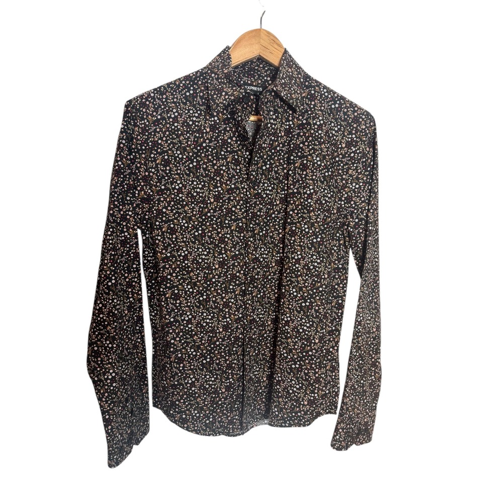 Express Men's Black Floral Print Long Sleeve Button Down Shirt Size XS